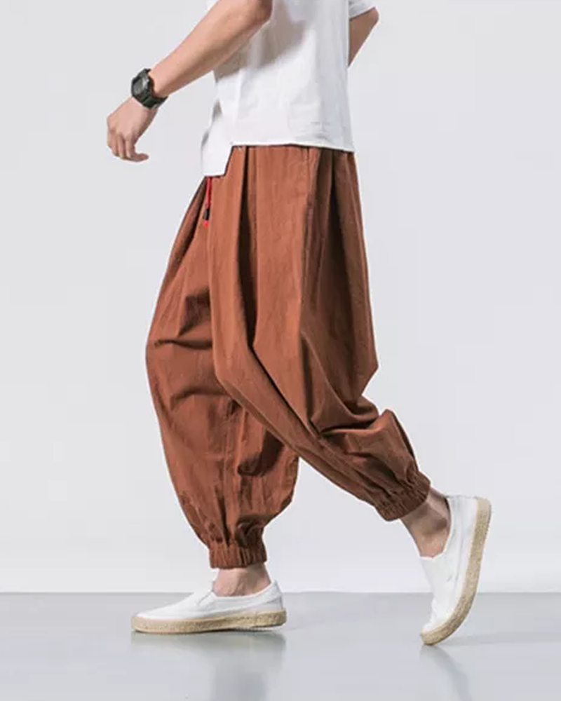Men's Cotton Linen Cropped Pants - Loose Drawstring Trousers