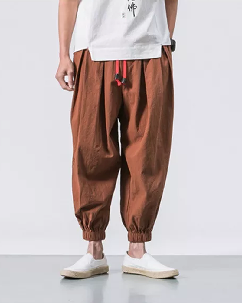 Men's Cotton Linen Cropped Pants - Loose Drawstring Trousers