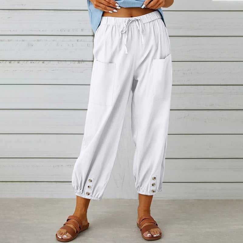 Women's Drawstring Cropped Trousers - Relaxed Cotton Linen