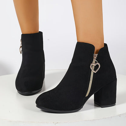 Women's Block Heel Ankle Boots - Round Toe Side Zip Boots