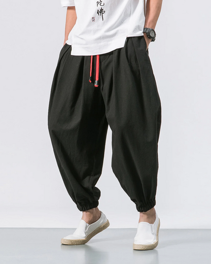 Men's Cotton Linen Cropped Pants - Loose Drawstring Trousers
