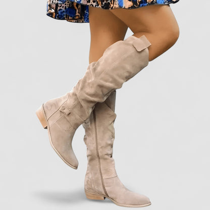 Women's Knee-High Slouch Boots - Low Block Heel Winter Boots