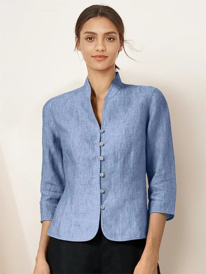 Women's 100% Linen Tailored Jacket - Stand Collar Blazer