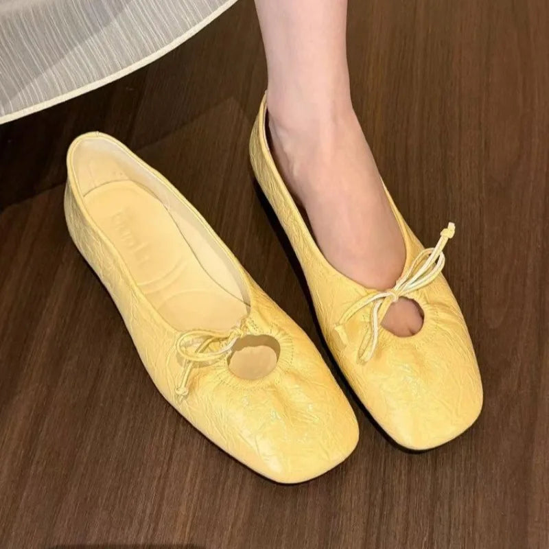 Women's Square Toe Ballet Flats - Scrunch Bow Slip-On Shoes