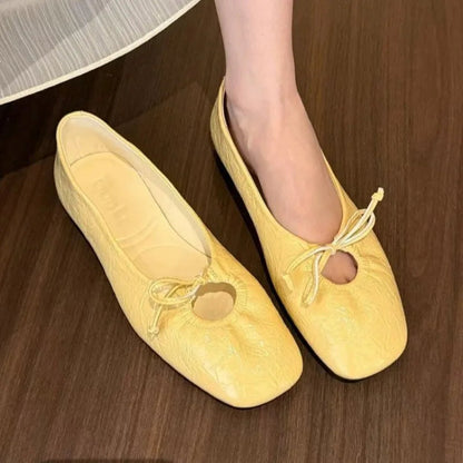 Women's Square Toe Ballet Flats - Scrunch Bow Slip-On Shoes
