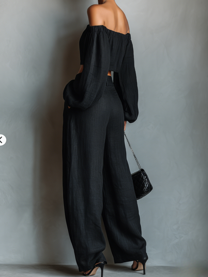 Strapless Linen Blend Top and Wide Leg Pants Set for Women