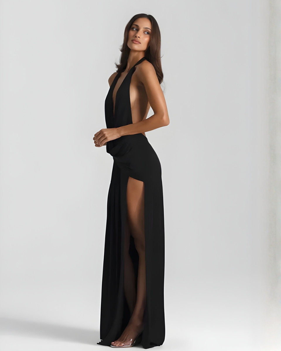 Women's Halter Neck Backless Maxi Dress - Evening Slit Gown