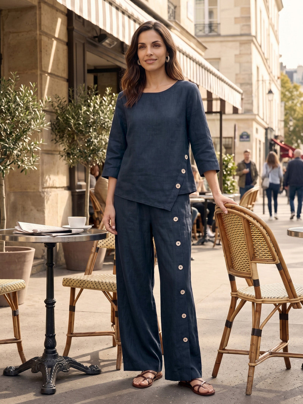 Women's 100% Linen Blouse - Asymmetric Hem Round Neck Top