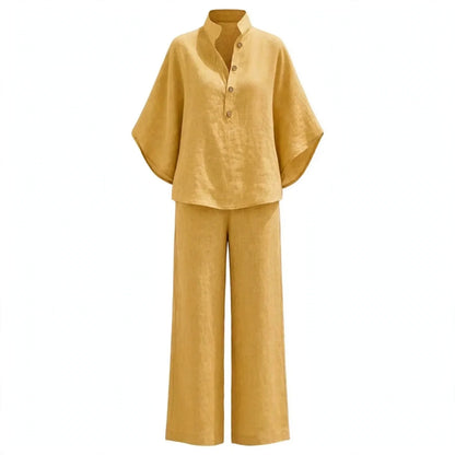 Linen Batwing Sleeve Top and Wide Leg Pants Set for Women