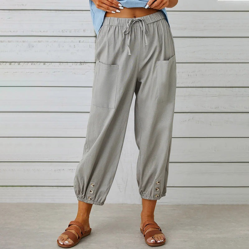 Women's Drawstring Cropped Trousers - Relaxed Cotton Linen