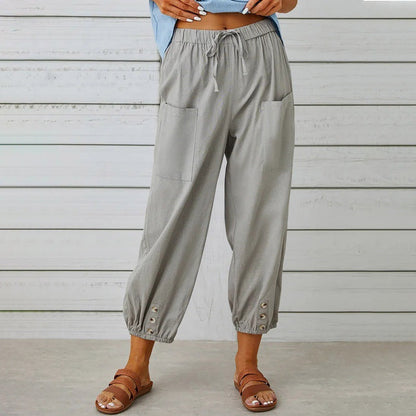 Women's Drawstring Cropped Trousers - Relaxed Cotton Linen