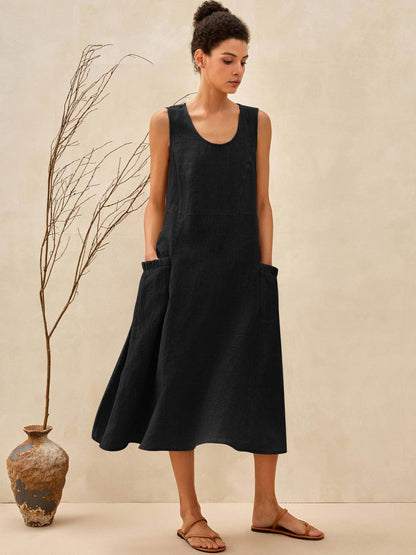 Women's 100% Linen Sleeveless Midi Dress with Pockets