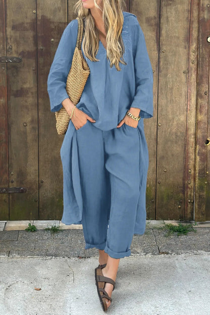 Women's Linen Two Piece Set - Relaxed Top and Pants Outfit