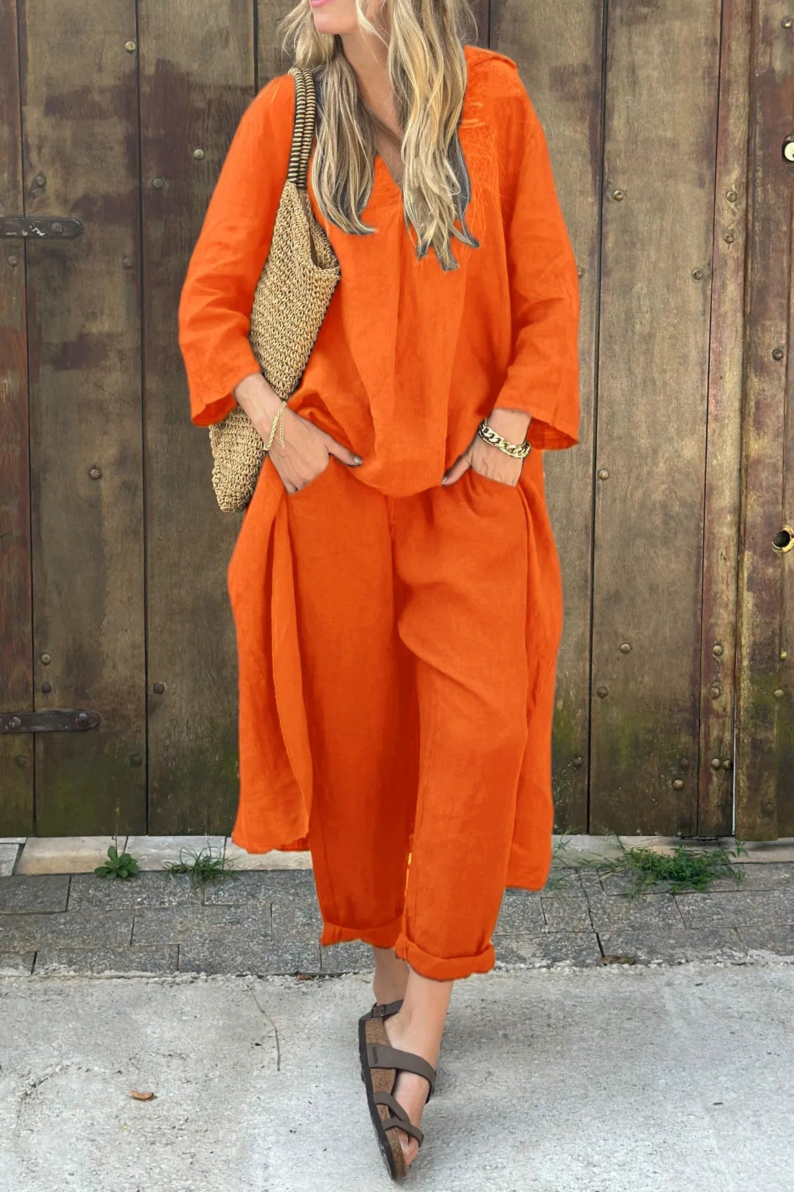Women's Linen Two Piece Set - Relaxed Top and Pants Outfit
