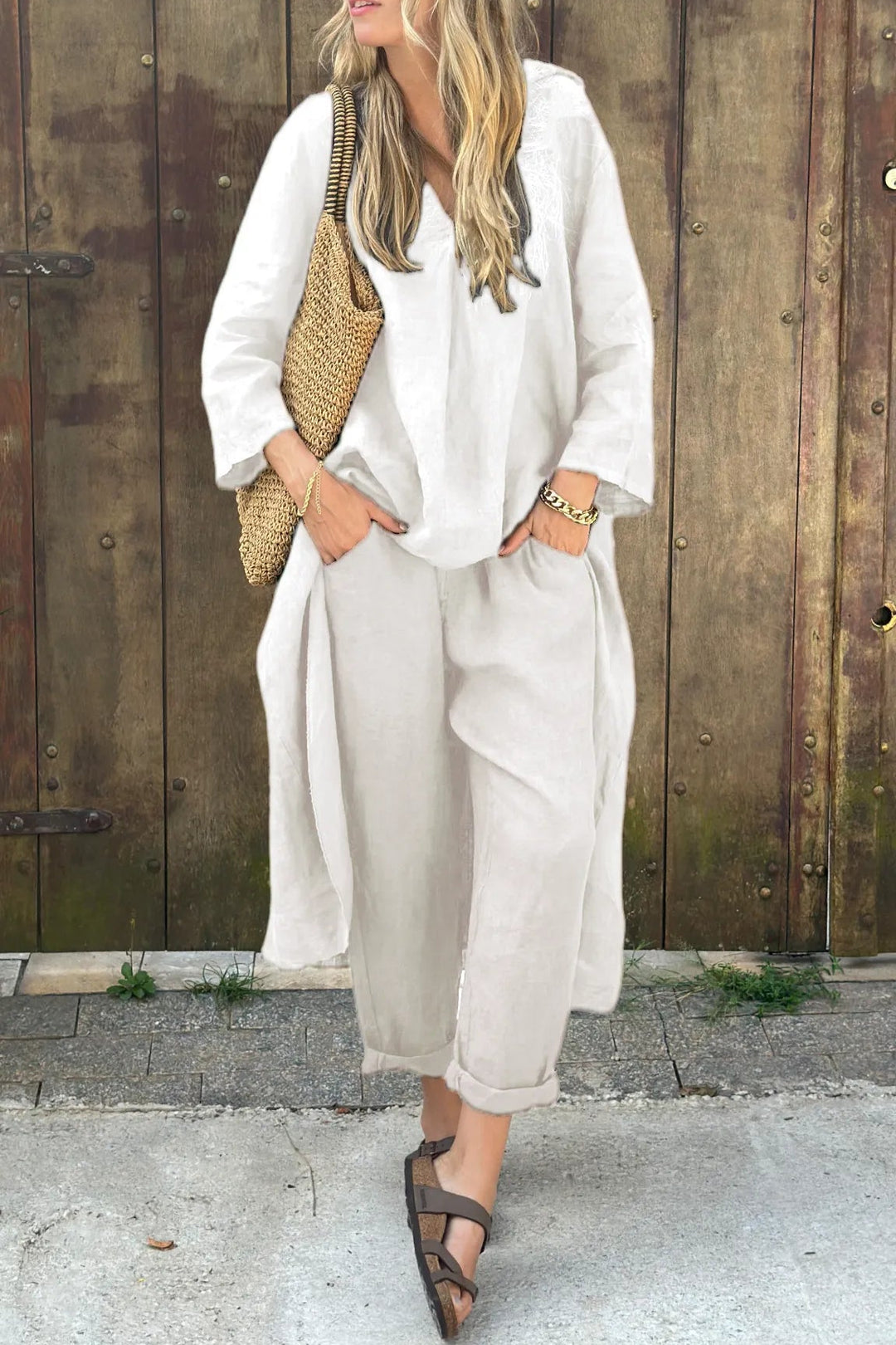 Women's Linen Two Piece Set - Relaxed Top and Pants Outfit