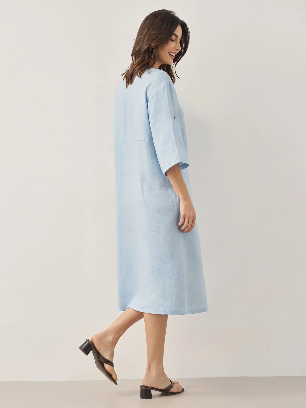 Women's 100% Linen Midi Dress - Asymmetric Round Neck Dress