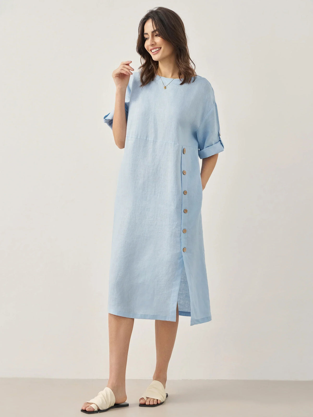 Women's 100% Linen Midi Dress - Asymmetric Round Neck Dress
