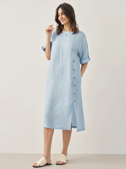 Women's 100% Linen Midi Dress - Asymmetric Round Neck Dress