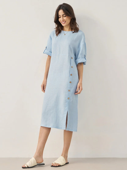 Women's 100% Linen Midi Dress - Asymmetric Round Neck Dress