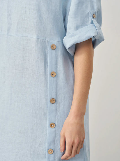 Women's 100% Linen Midi Dress - Asymmetric Round Neck Dress