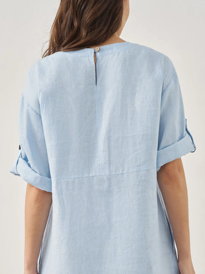 Women's 100% Linen Midi Dress - Asymmetric Round Neck Dress