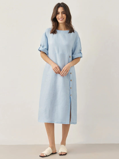 Women's 100% Linen Midi Dress - Asymmetric Round Neck Dress