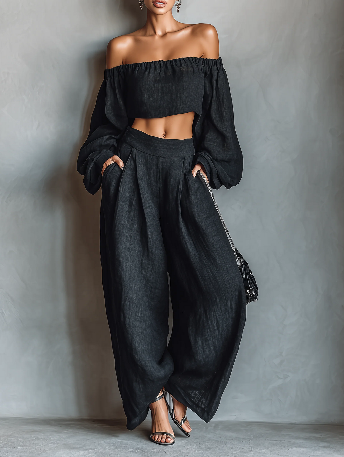 Strapless Linen Blend Top and Wide Leg Pants Set for Women
