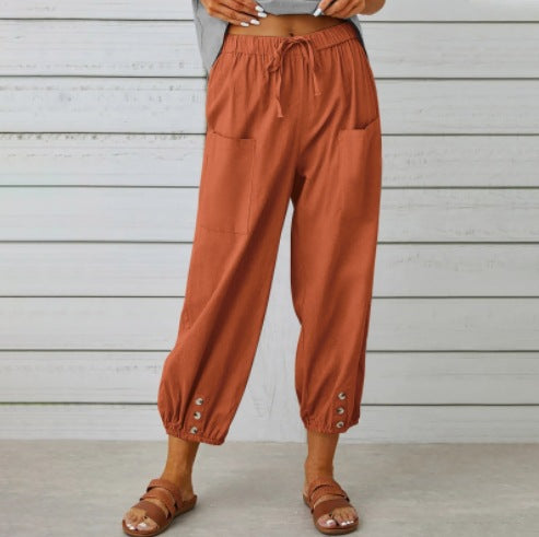 Women's Drawstring Cropped Trousers - Relaxed Cotton Linen