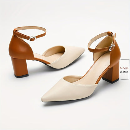 Women's Two Tone Pointed Toe Block Heels - Ankle Strap Pumps