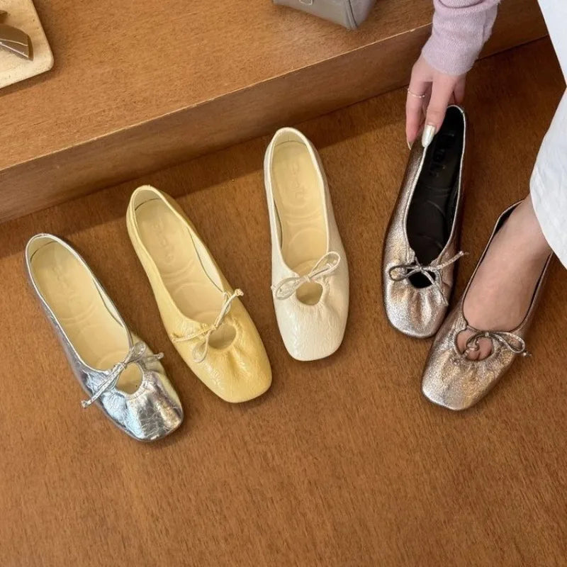 Women's Square Toe Ballet Flats - Scrunch Bow Slip-On Shoes
