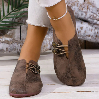 Women's Retro Metal Accent Loafers - Round Toe Slip-On Flats
