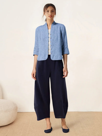 Women's 100% Linen Tailored Jacket - Stand Collar Blazer