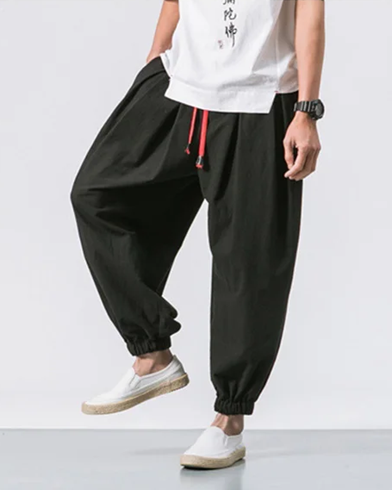 Men's Cotton Linen Cropped Pants - Loose Drawstring Trousers
