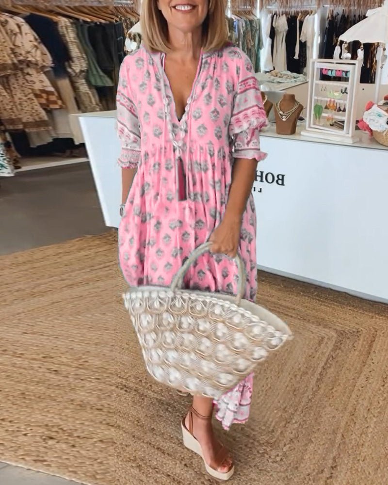 Women's Floral V-Neck Dress - Flowy Chic Midi Summer Dress