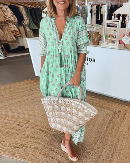 Women's Floral V-Neck Dress - Flowy Chic Midi Summer Dress