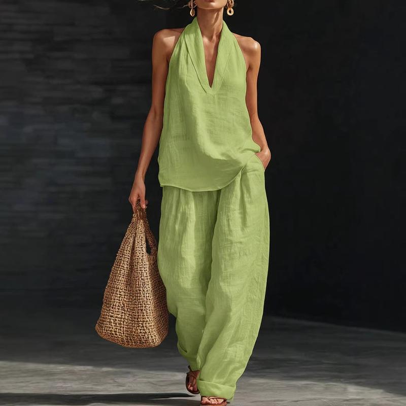 Linen Halter Tank and Wide Leg Pants Set - Women's Co-Ord