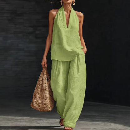 Linen Halter Tank and Wide Leg Pants Set - Women's Co-Ord