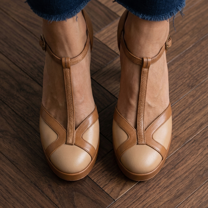Women's Retro T-Strap Heels - Closed Round Toe Block Heels