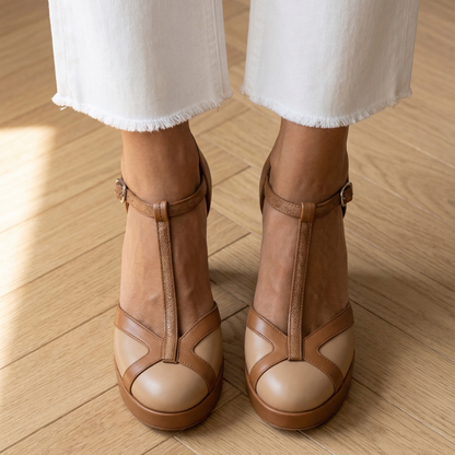 Women's Retro T-Strap Heels - Closed Round Toe Block Heels