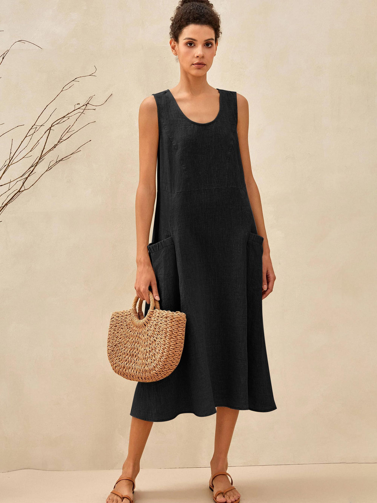 Women's 100% Linen Sleeveless Midi Dress with Pockets