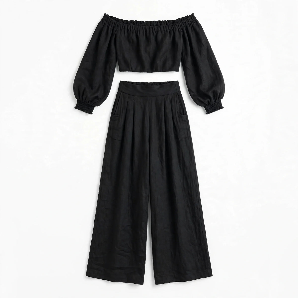 Strapless Linen Blend Top and Wide Leg Pants Set for Women