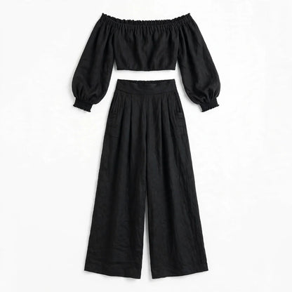 Strapless Linen Blend Top and Wide Leg Pants Set for Women