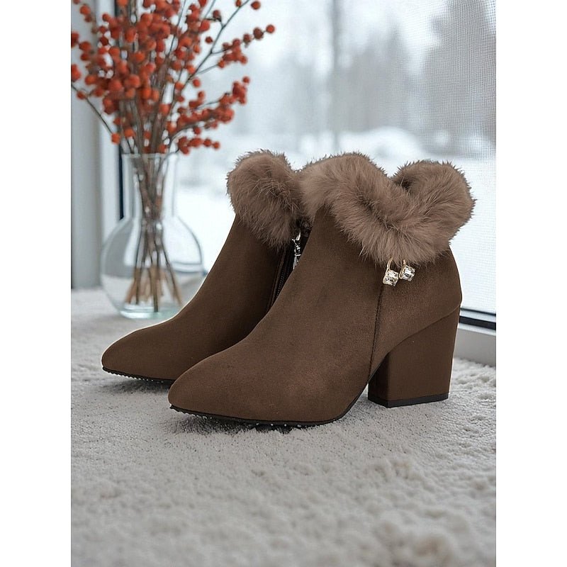 Women's Fur-Trimmed Ankle Boots - Pointed Toe Block Heel