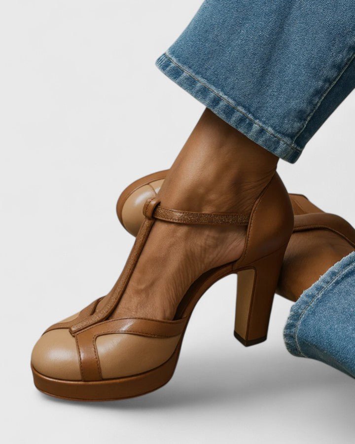 Women's Retro T-Strap Heels - Closed Round Toe Block Heels