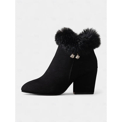 Women's Fur-Trimmed Ankle Boots - Pointed Toe Block Heel