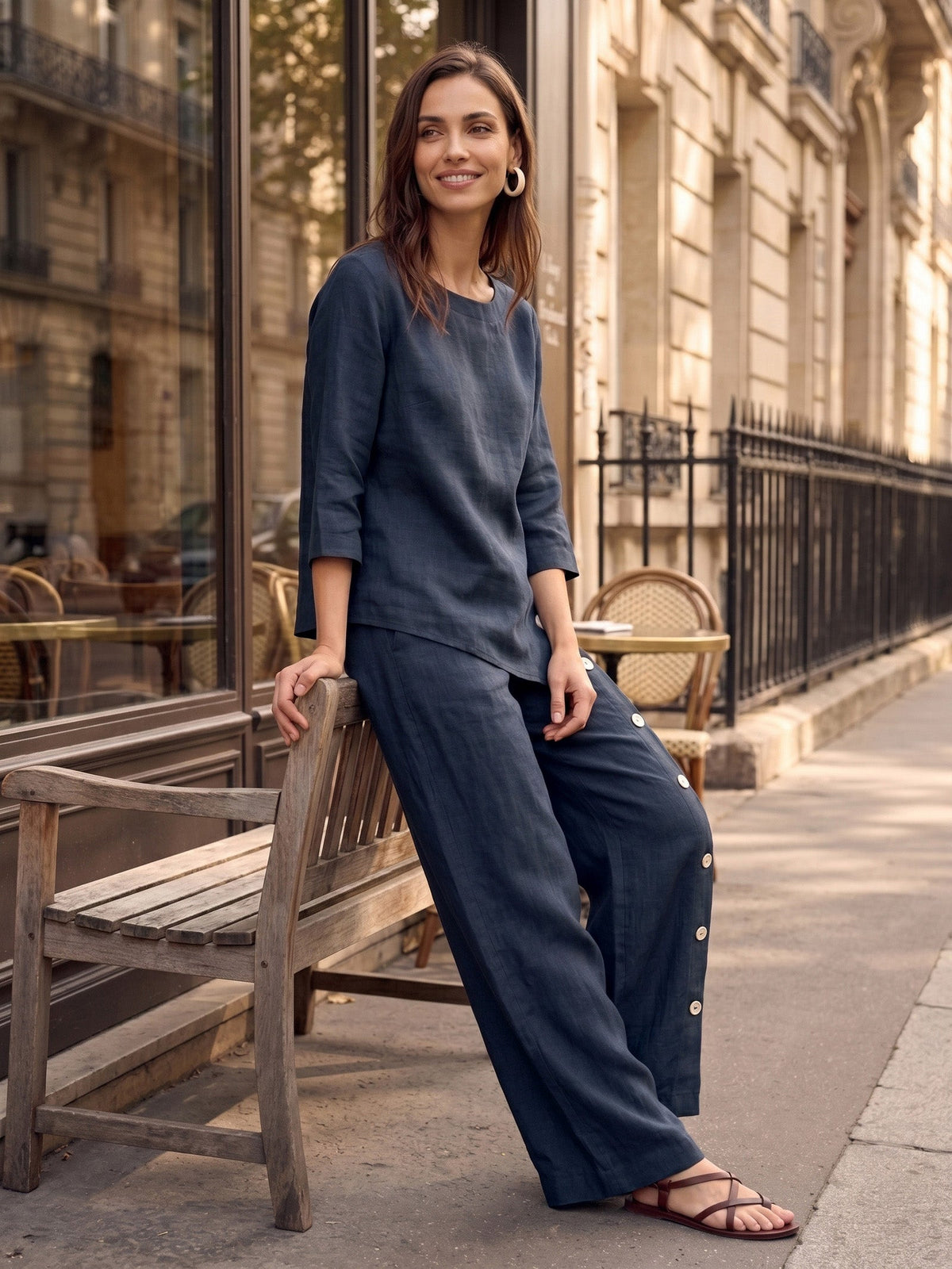 Women's 100% Linen Blouse - Asymmetric Hem Round Neck Top