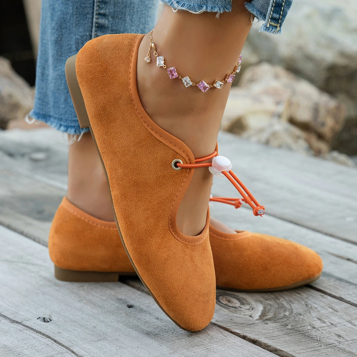 Women's Suede Mary Jane Flats - Lace-Up Ballet Loafers