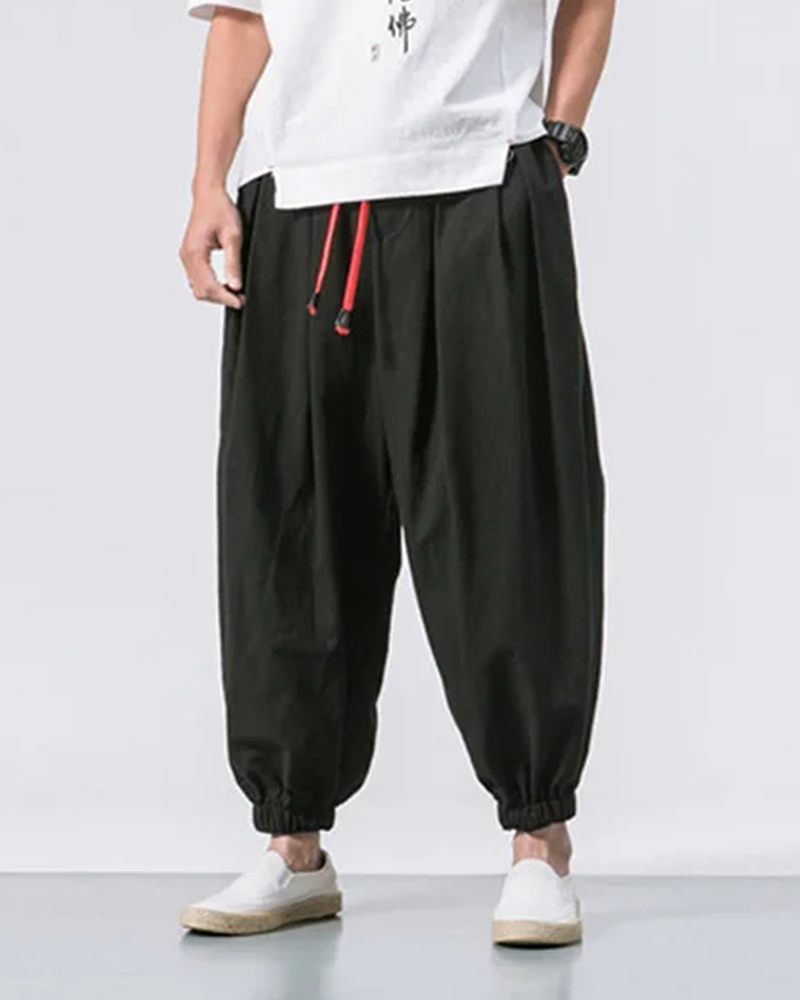 Men's Cotton Linen Cropped Pants - Loose Drawstring Trousers