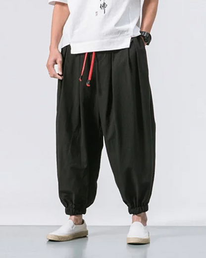 Men's Cotton Linen Cropped Pants - Loose Drawstring Trousers