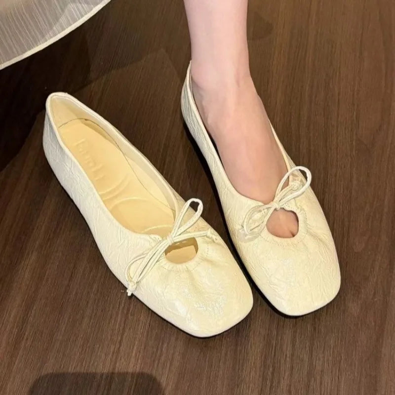 Women's Square Toe Ballet Flats - Scrunch Bow Slip-On Shoes